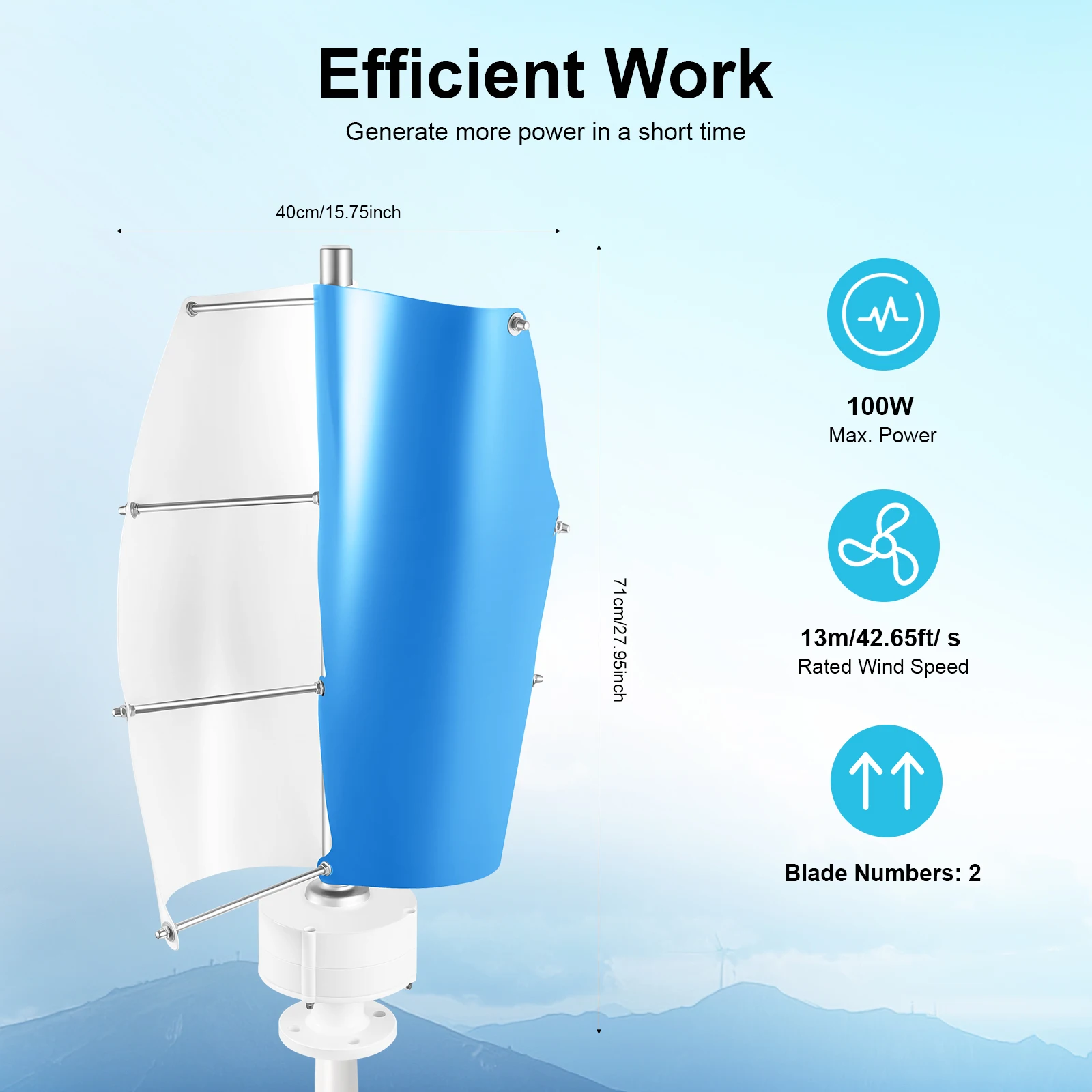 100 W Horizontal Wind Turbine Generator, 2 Bls Small Wind Turbine, Adjus Pole Marine Wind Generator For Home, Business,