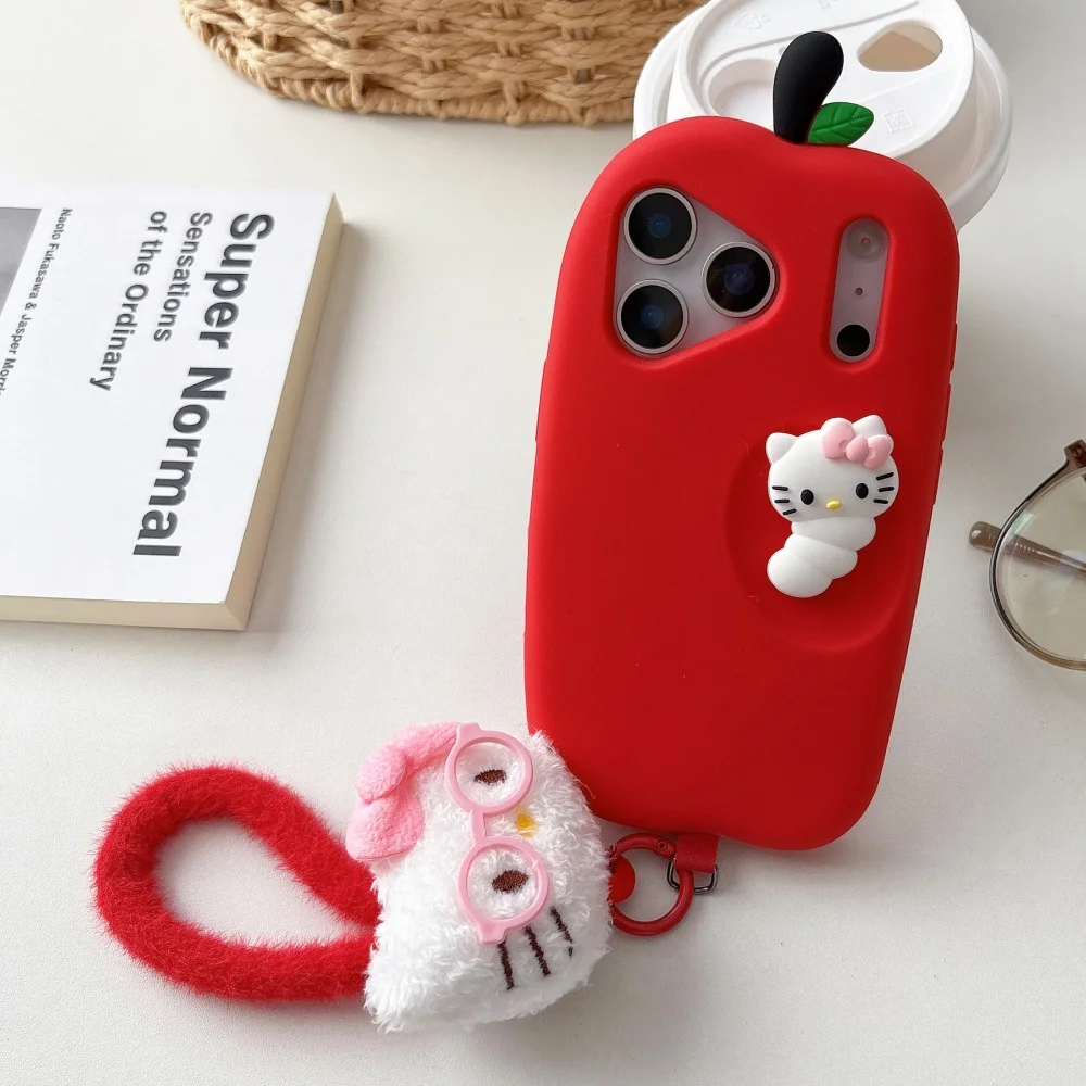 Funda de teléfono Kawaii de dibujos animados 3D de Apple Caterpillar roja para iPhone 17 16 15 14 Plus 13 Pro Max 12 con correa, funda de silicona suave
