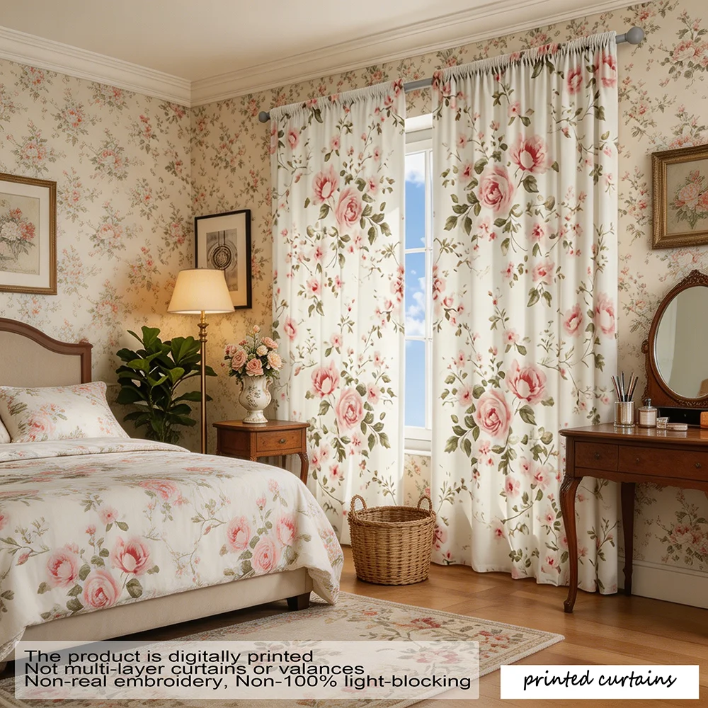 2PCS Digital Printed Curtains with Pink Rose Floral Patterns, French Retro Countryside Style, Featuring Pole Bag Design