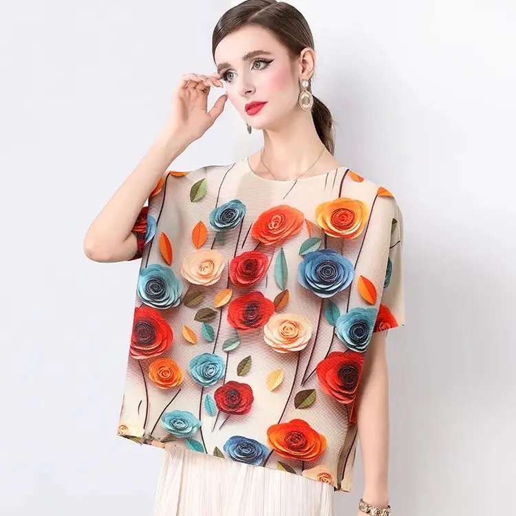 Gorgeous 3D Rose Flower Printed Miyake Pleated Shirts Women O-Neck Batwing Sleeve Fashion All-match Casual Loose Chiffon Tops