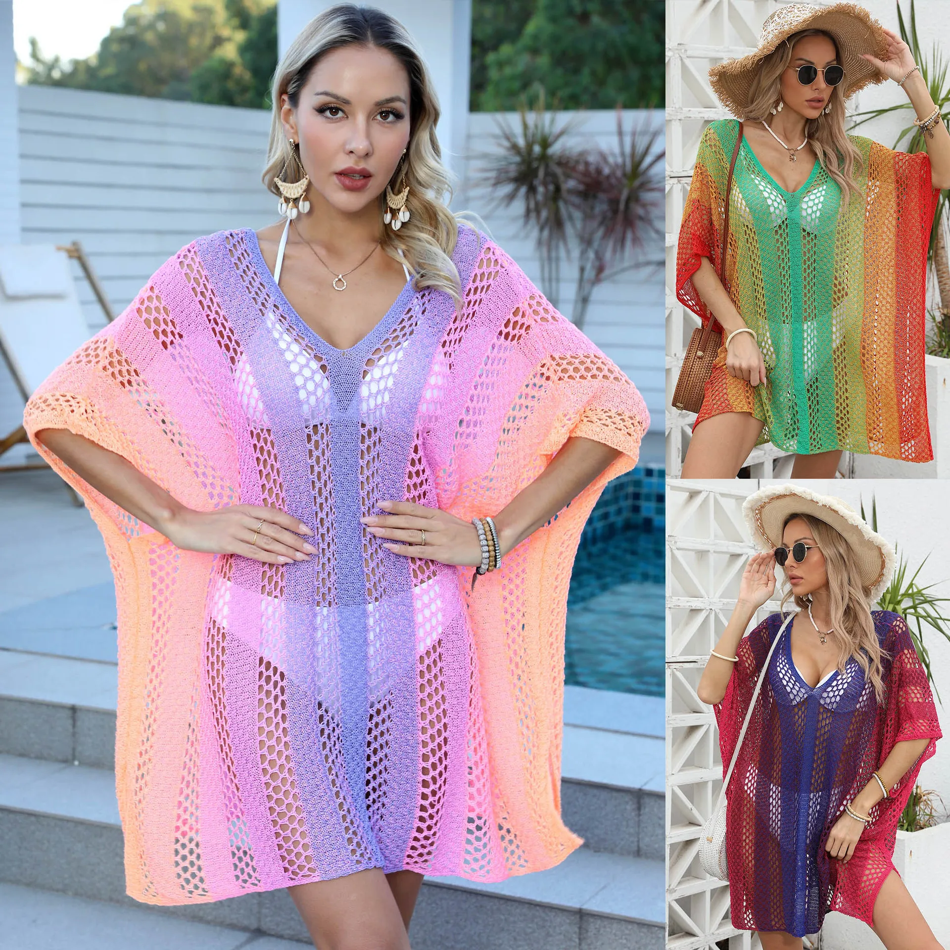 Gradient Color Hollow Out Women Swimsuit Beach Cover-ups Dress Knitwear Loose V Neck Split Pullover Tunic