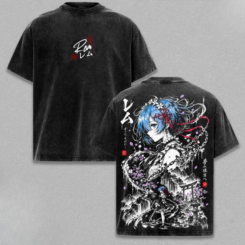 Anime Re Zero Rem T-shirt Vintage Distressed Washed Back Manga Graphic Print Short Sleeve Oversized Men Women Streetwear T Shirt