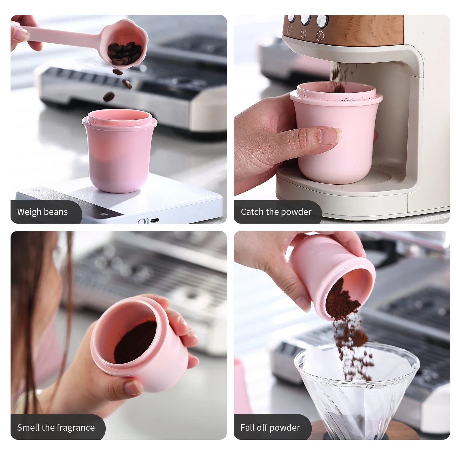 

Bincoo Transparent Pink Coffee Powder Catcher - Aroma Preserving Weighing Cup with Anti-Flying Powder Design