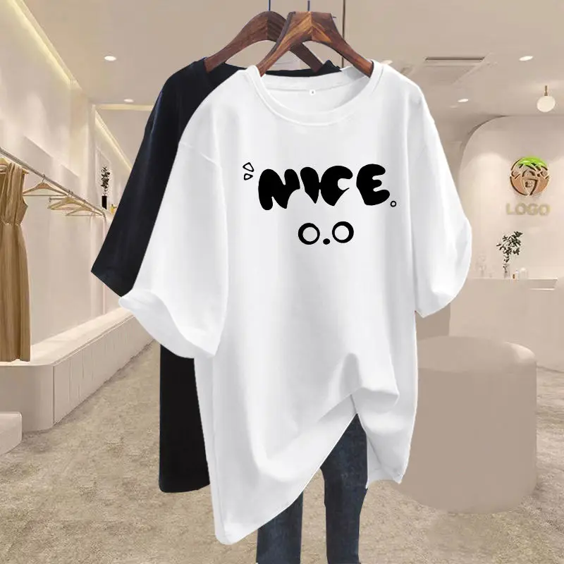 2024 Summer New Minimalist Commute Solid Color Loose Letter Printing midi Round Neck Cotton Short Sleeve T-shirts Women's Tops