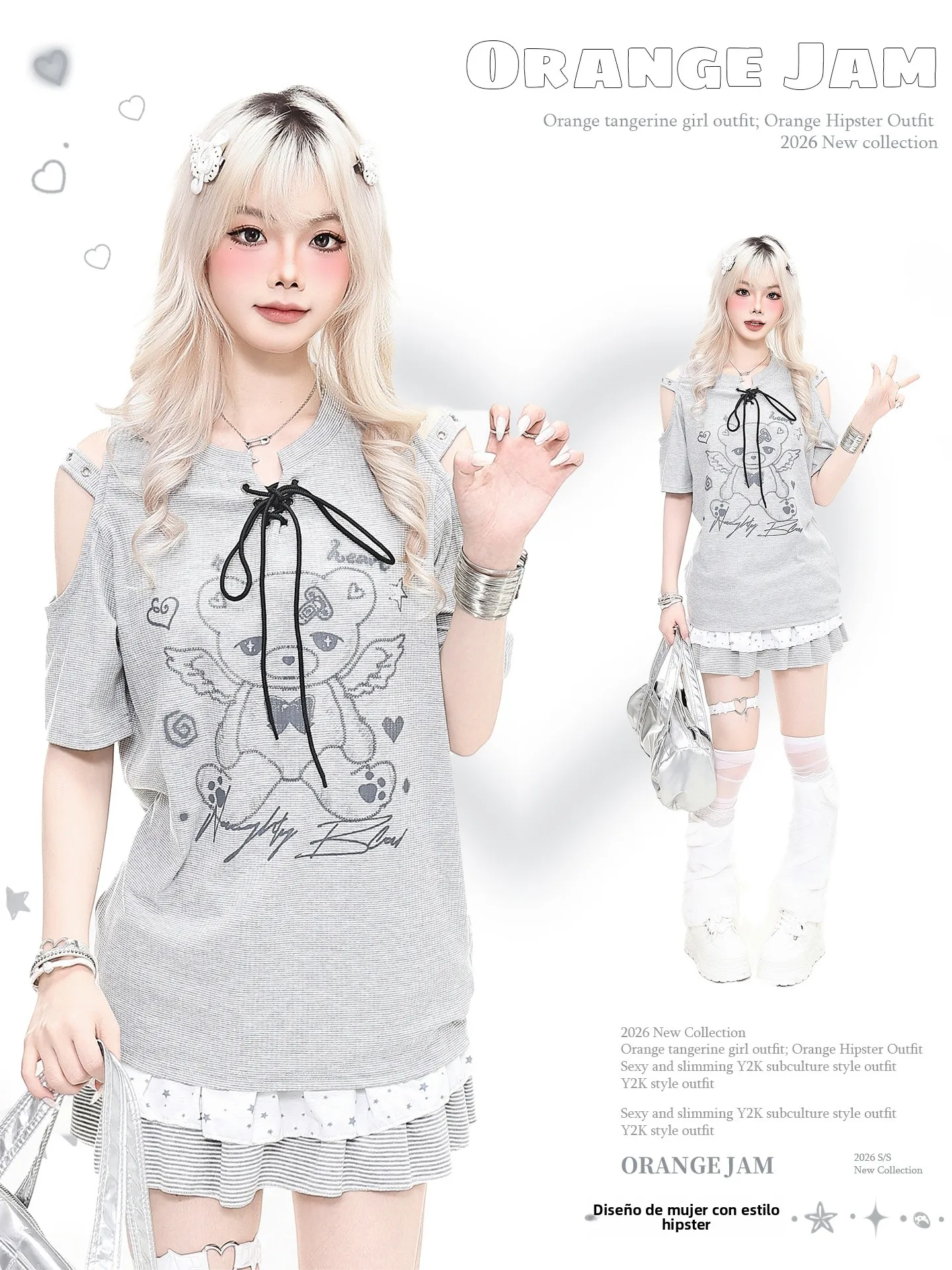 Camiseta holgada de manga corta con estampado de oso ángel y mermelada de naranja, con cordón y hombros descubiertos, para mu...