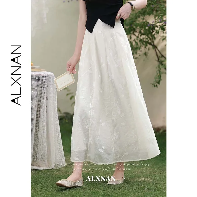 ALXNAN Leaf Jacquard Embroidered Midi Skirt Summer Elegant Off-white Long Skirts Women 2026 Fashion Holiday Casual Skirt L65610