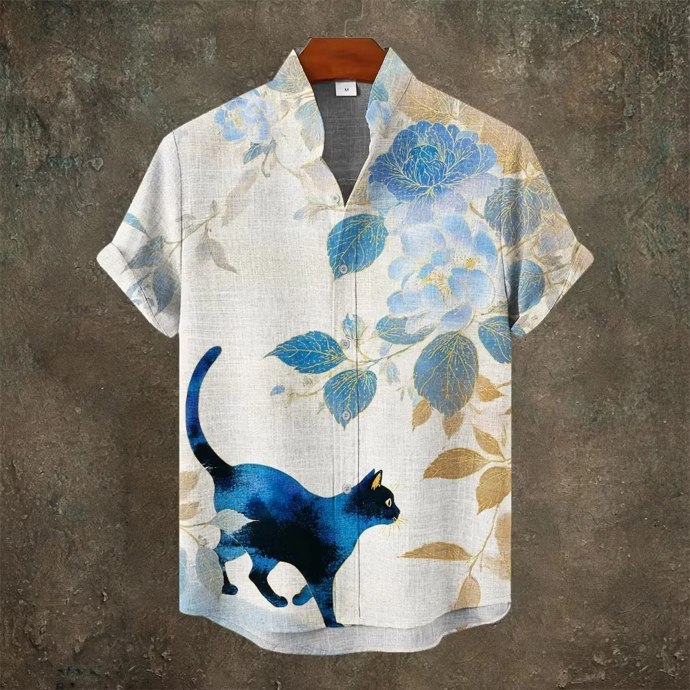 Retro Ukiyo-e Mount Fuji Volcano Bee Cat Holding Pistol Print Men Linen Shirt Funny Animal Graphic Short Sleeve Casual Shirts