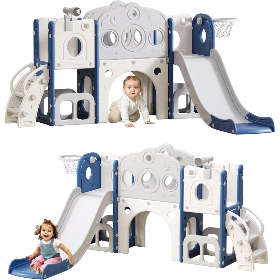 

8 in 1 Toddler Slide Outdoor Indoor Playset for Baby Age 1 2 3 Childs Climber Slide with Storage Space and Non-Slip Steps Baske
