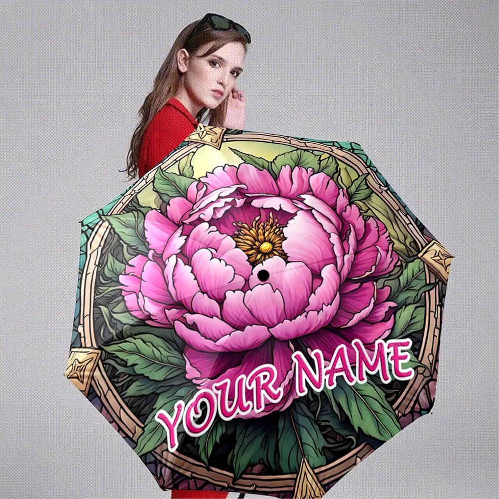 Custom Name Umbrella Elegant Pink Peony Floral Design Umbrella with Custom Text Portable Folding Umbrella,Christmas Gift