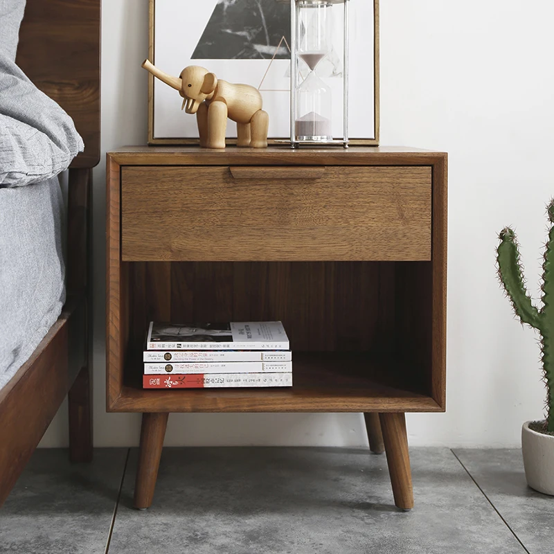 

Simple modern black walnut solid wood bedside table small side cabinet with drawer bookcase