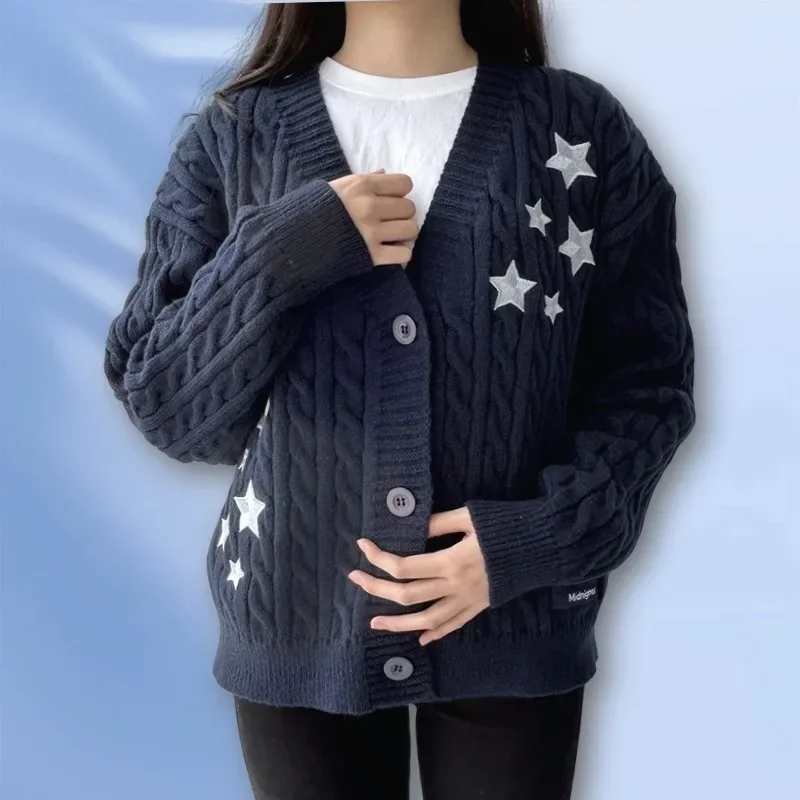 Winter Midnight Navy Blue Knitted Cardigans Women Spring Y2k Casual Star Embroidery Single Breasted XS-5XL Sweaters Dropshiping