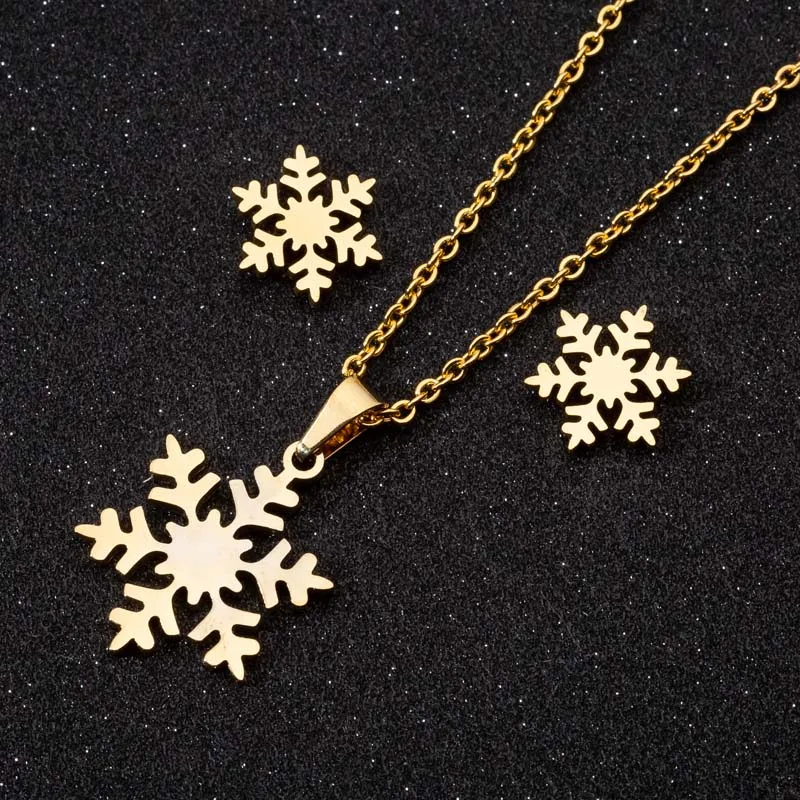 Klassisches, vergoldetes Schneeflocken-Schmuckset für Damen, hypoallergen, Halsketten und Ohrringe aus Edelstahl, Weihnachtsgeschenk