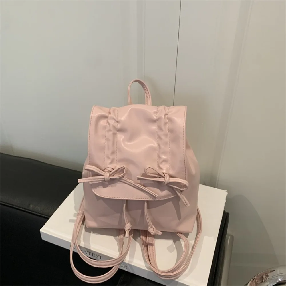 Sweet Tie Bow Backpack Y2k Solid Color Pu Leather Backpack Double Shoulder Bag Handbag Student School Bag Gift