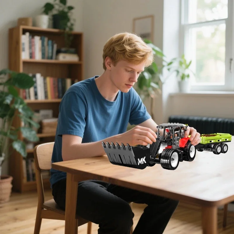 MKing 24093 Wheel Loader Agricultural Trailer Building Blocks Mini Engineering Vehicles Model Desktop Ornaments Toys Gifts
