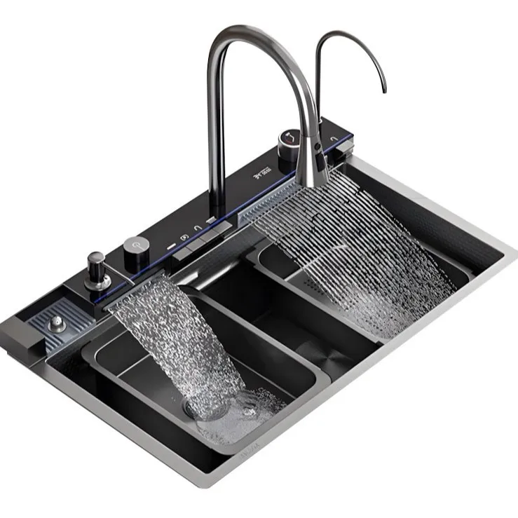 Sink,BLUE STAR 304 SS Handmade Multifunction Modern Waterfall Pull-Out Kitchen Sink Single Bowl Undermount One Hole Black With F