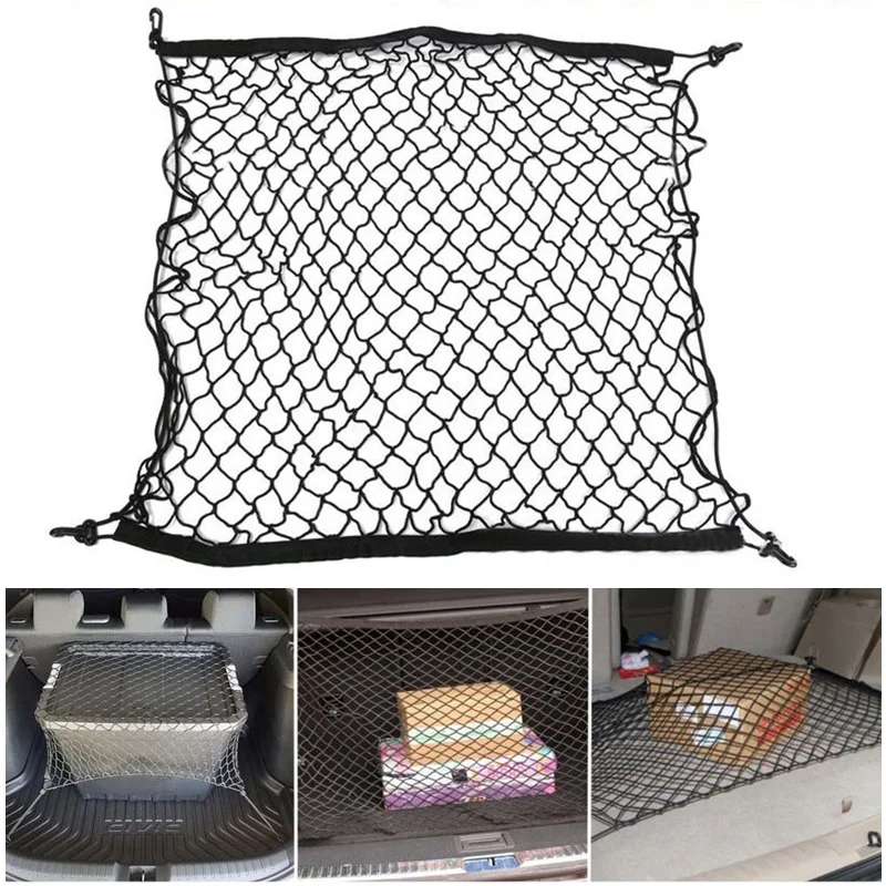 70 X 70cm Universal Car Trunk Net Luggage Storage Cargo Organizer Nylon Stretchable Elastic Mesh Net with 4 Plastic Hooks