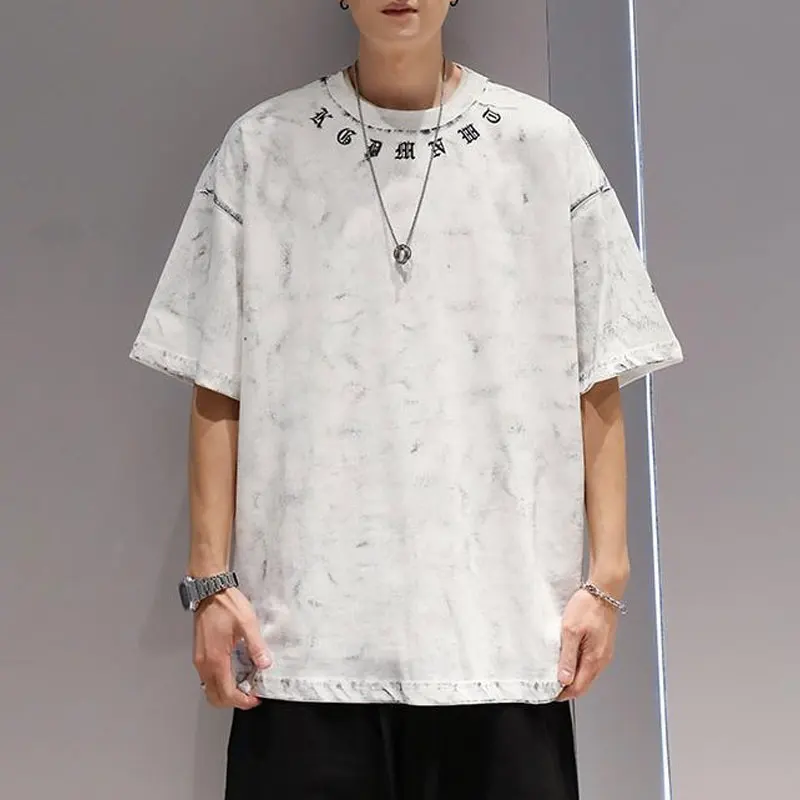 

Fashion Tie Dye Vintage Pullovers Men's Clothing Letter Printed Summer All-match Short Sleeve Casual Round Neck Loose T-shirts