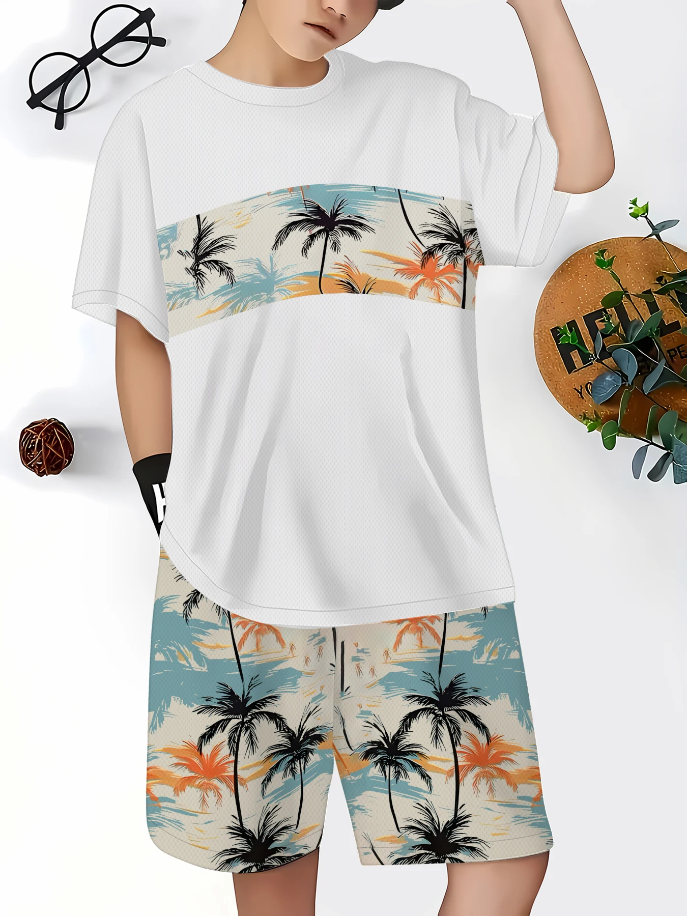 2026 Summer New Children's Set - Street Casual Roller Skating Fashion Comfortable Soft Breathable 3D Coconut Tree Pattern Print