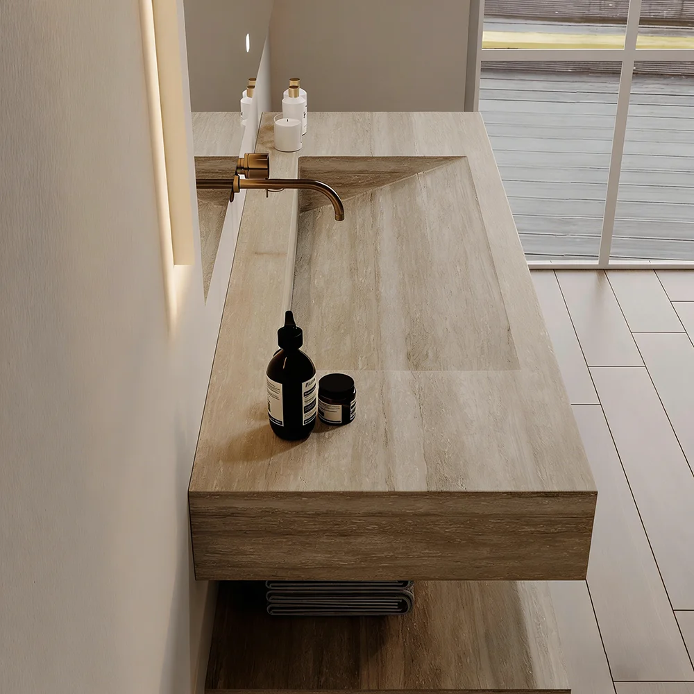 Travertine Stone Top Integrated Floating Vanity Bathroom Sink Wall Mounted for Hotel