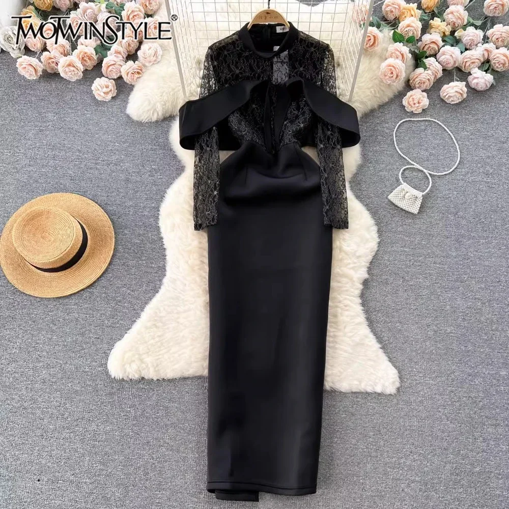 TWOTWINSTYLE Solid Embroidery Slimming Dress For Women O Neck Long Sleeve Spliced Zipper Party Dress Female Fashion KDR521960