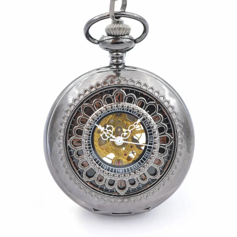 

Sunflower gun black carved hollow mechanical retro flip hollow necklace pocket watch men's and women's watches