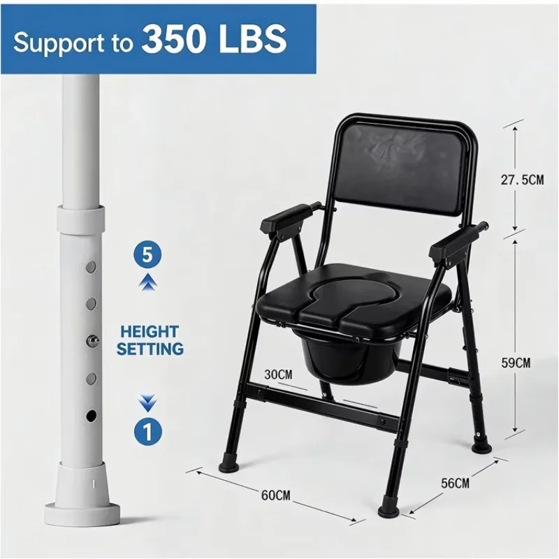 Black Adjustable Height Anti-Slip Folding Commode Chair with Backrest, Armrests & Bucket-150kg Capacity for Seniors