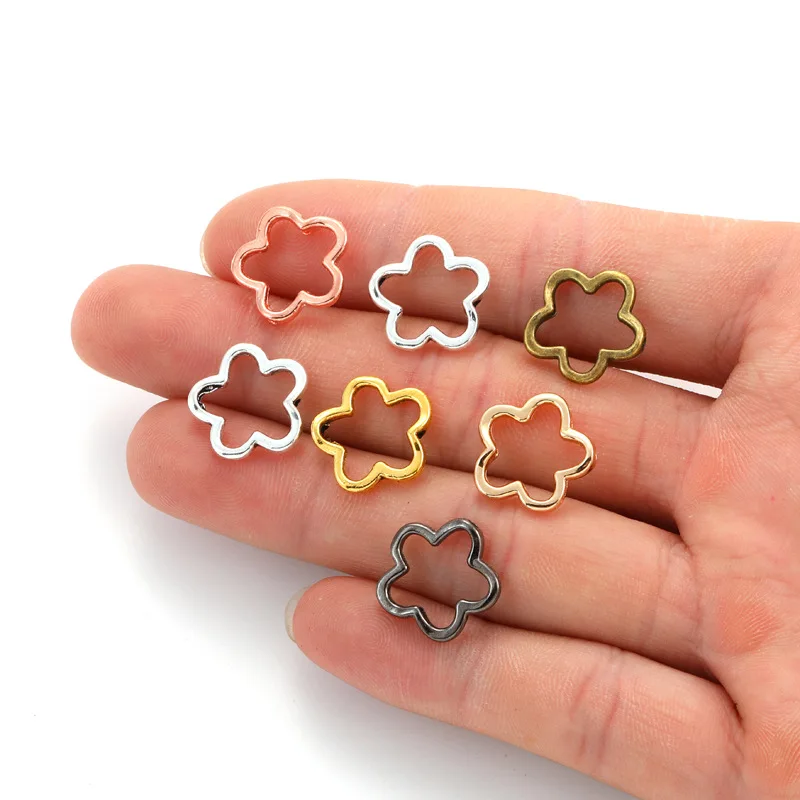 50pcs 15mm Silver Flower Bead Frames Spacer Metal Double Hole Hollow Blossom Link for Jewellery Making Accessories DIY Earrings