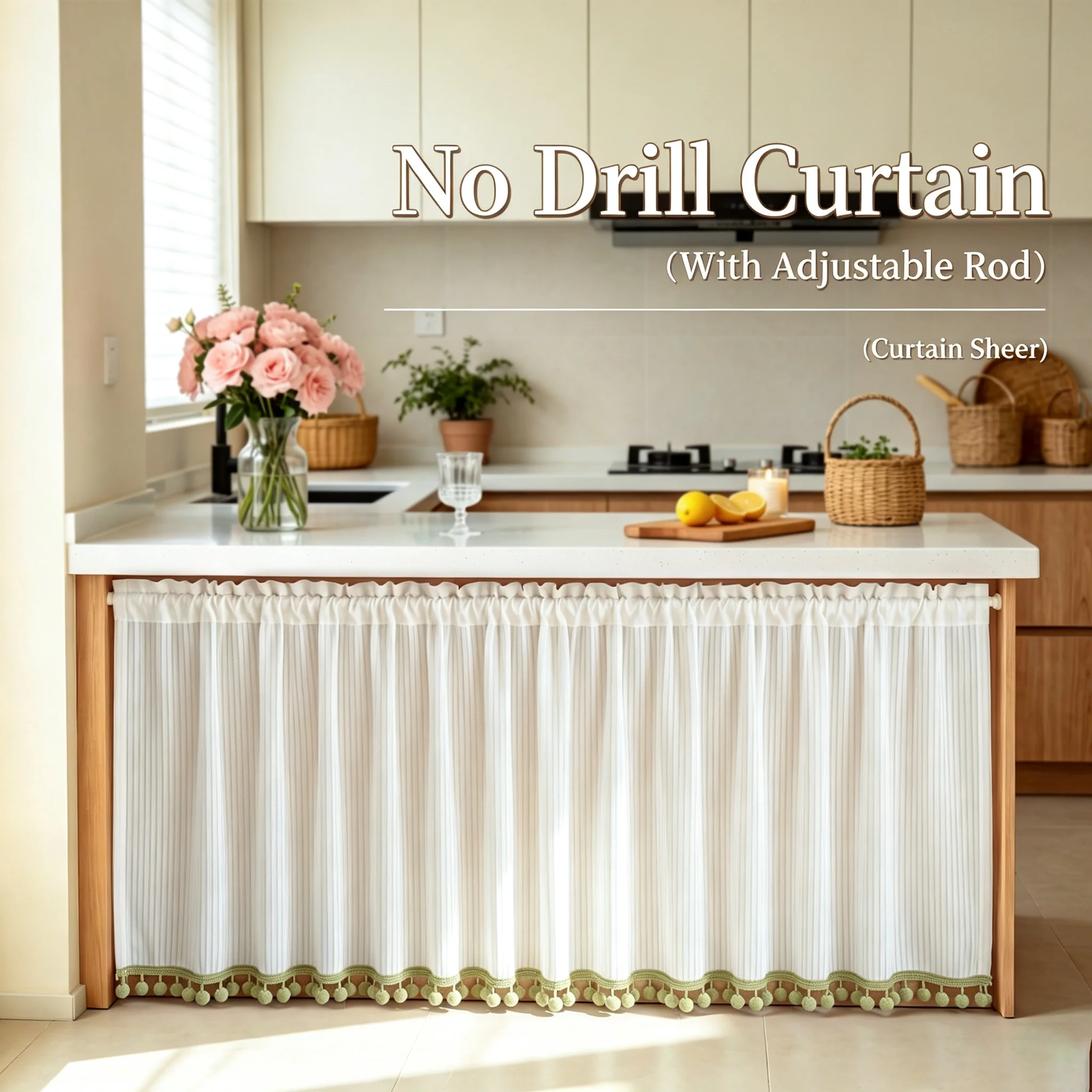 Cabinet Curtains Sink Skirt for Bathroom Kitchen Double Layer Ruffles Cabinet Curtains for Classroom Home Desk Privacy Drape