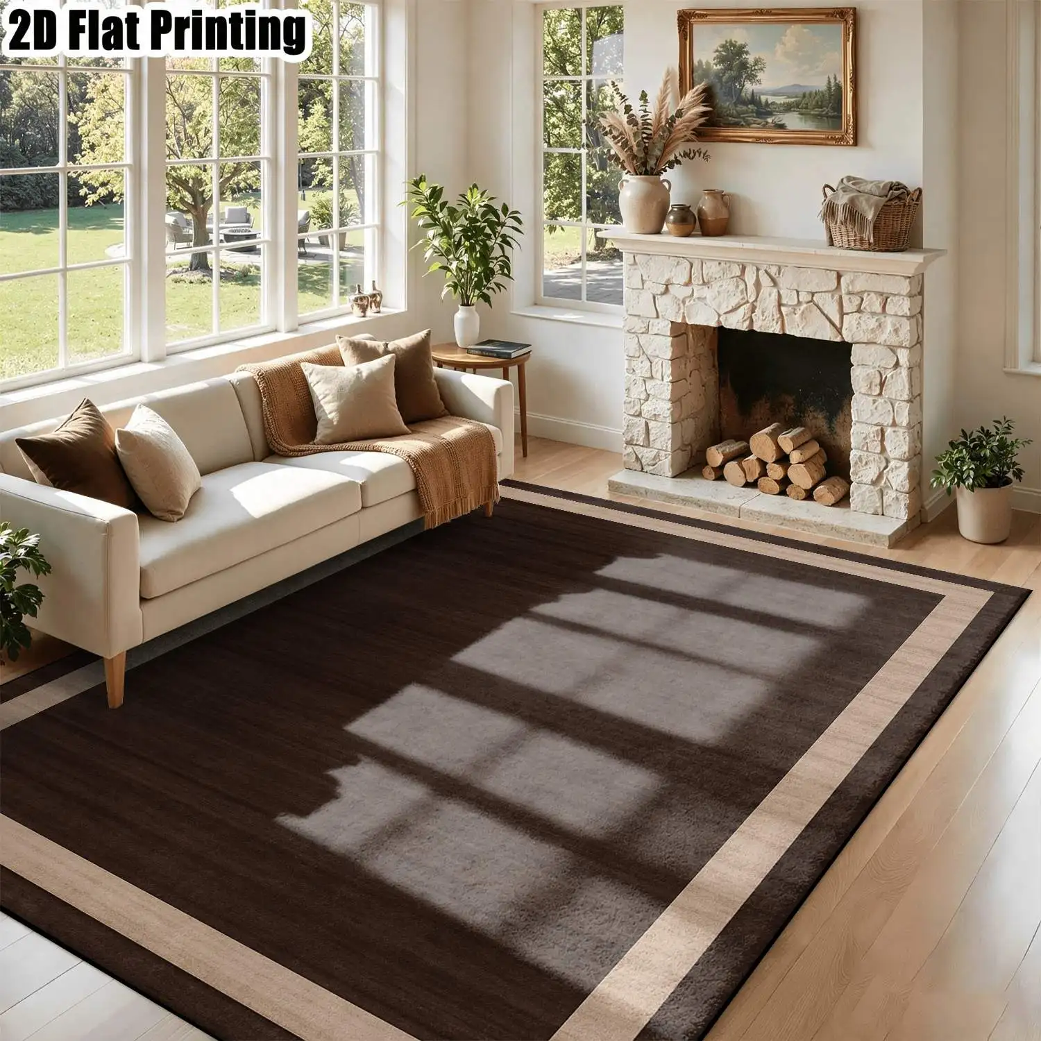 1Pc 2D Printed Carpet: Deep & Light Brown Geometric Border, Nordic/Instagram Style, Machine Washable, Multi-Size, Ideal for Home Decor, Entrance, Dining, Living, Bedroom