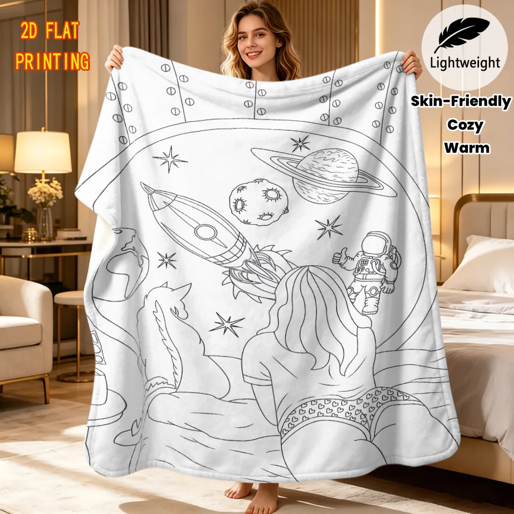 Nature Scene Doodle DIY blanket, Floral Bird Butterfly Quote Line Blanket, Washable Velvet Blanket Adult Art Craft Leisure Gift