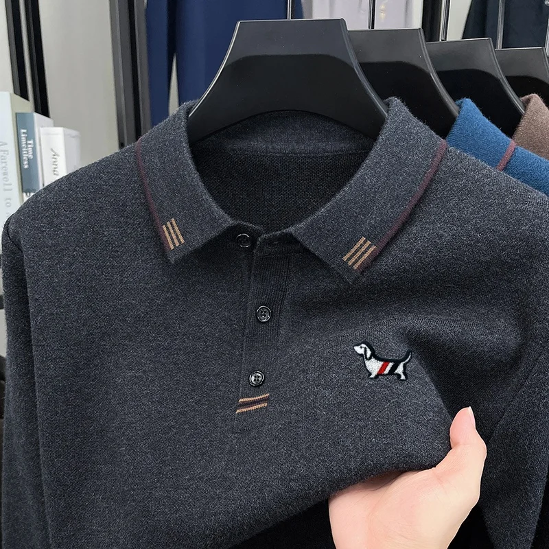 Neues Herbst-Polohemd mit bequemem Schnitt und Print für Herren, Original, hält warm, einfarbiges Langarm-T-Shirt, lässige Herrenbekleidung für den Alltag. – Detail 6