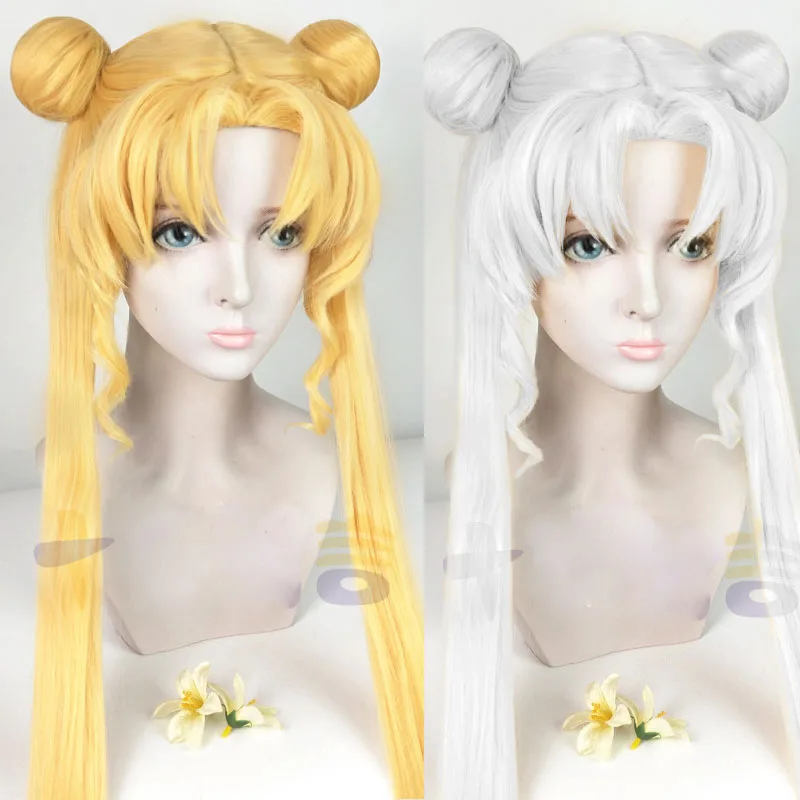 Serena Tsukino Usagi Cosplay Wig Annie 130cm Blond Silver Double Long Ponytails Heat Resistant Synthetic Hair Wigs + Wig Cap