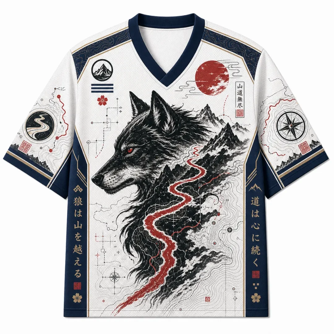 Japanese Black Wolf Mountain Red Sun Pattern Full Screen Printing Retro Oriental Map Compass Cherry Blossom Style Loose T-shirt