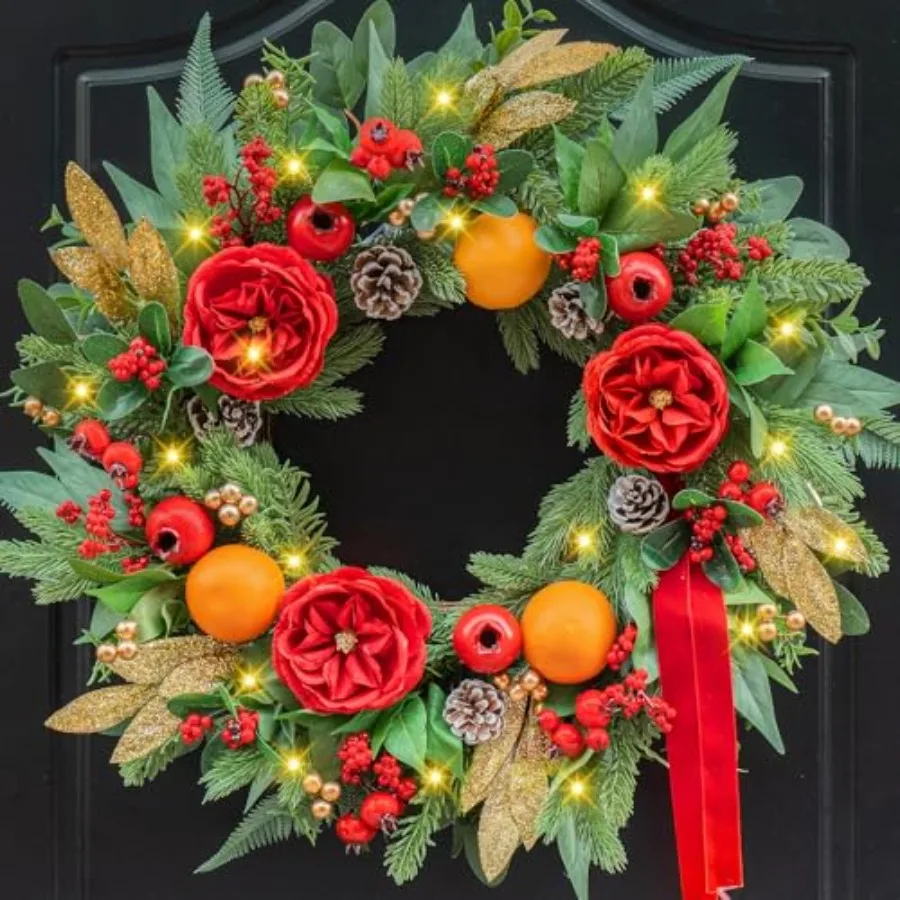 

Pre-lit Christmas Wreaths for Front Door- 24 Inch Outdoor Christmas Wreath with LightsGreen Lighted Xmas Door Wreath with Pinec