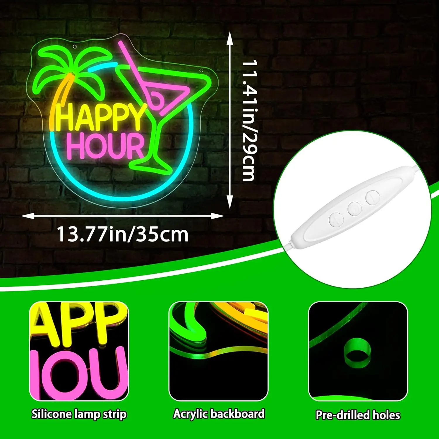 Happy Hour Neon Sign Dimmable Cocktail Neon Light Wall Decor for Man Cave Bedroom Bar Sign Home Beer Store Hotel Party Club Offi