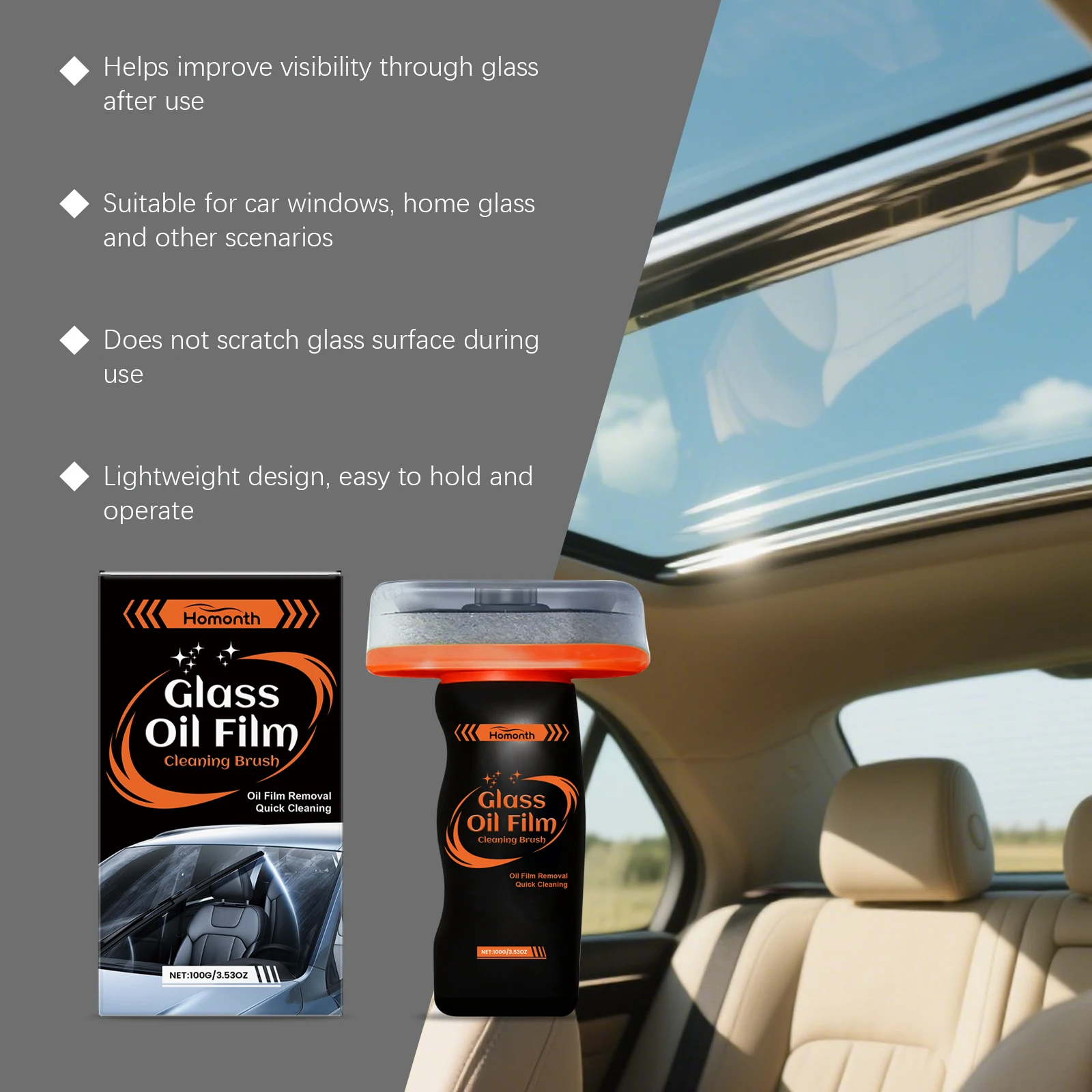 Powerful Car Glass Oil Film Cleaning Brush & Agent Rain & Fog Proof Treatment, Removes Water Spots & Oil Film, Restores Clarity