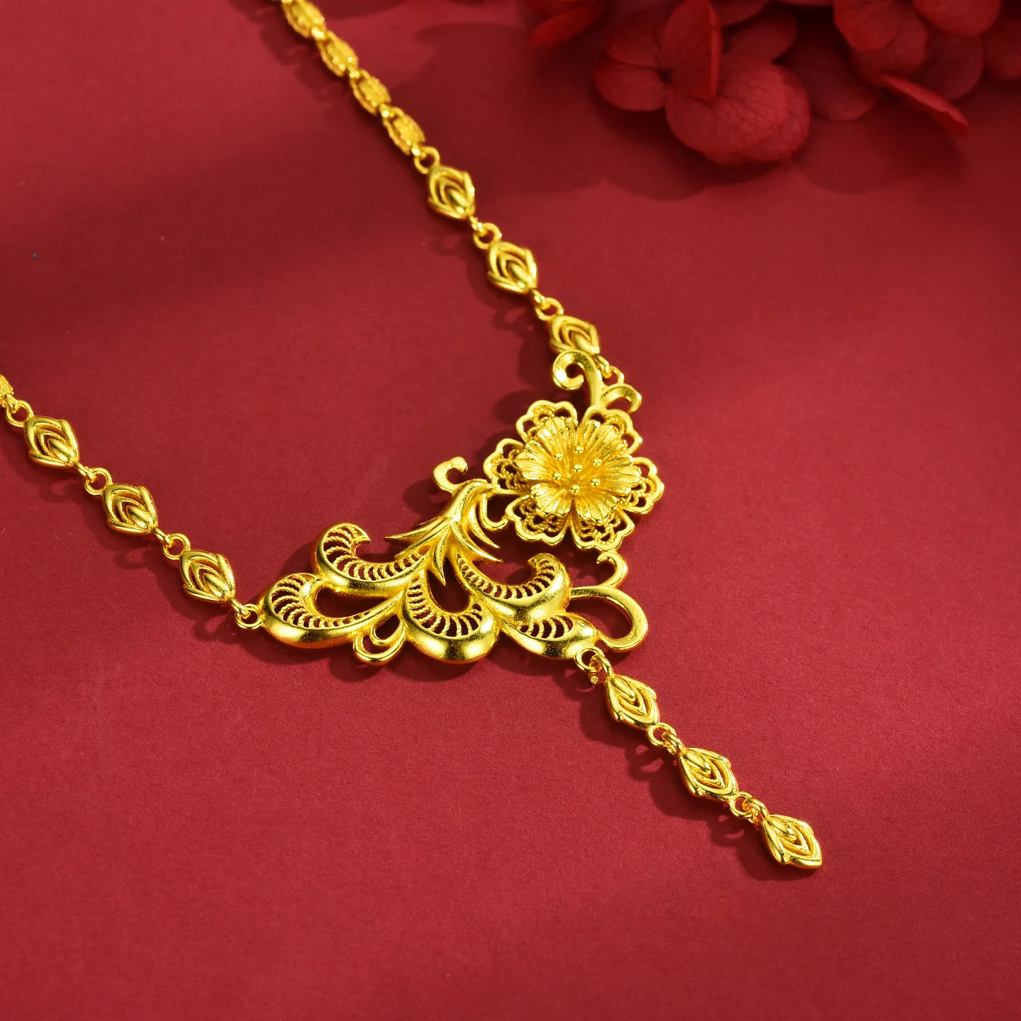 Luxury 24K 9999 Pure Gold real gold Phoenix Corolla Necklace Women's Carved Necklace