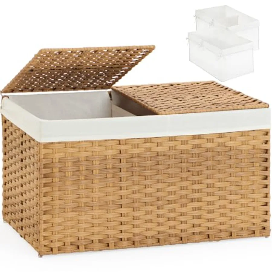 

Складная плетеная корзина для хранения SETVSON с крышкой, 65 л, натуральная, 56 x 33 x 35 см, 2 съемные вкладыши, ручки