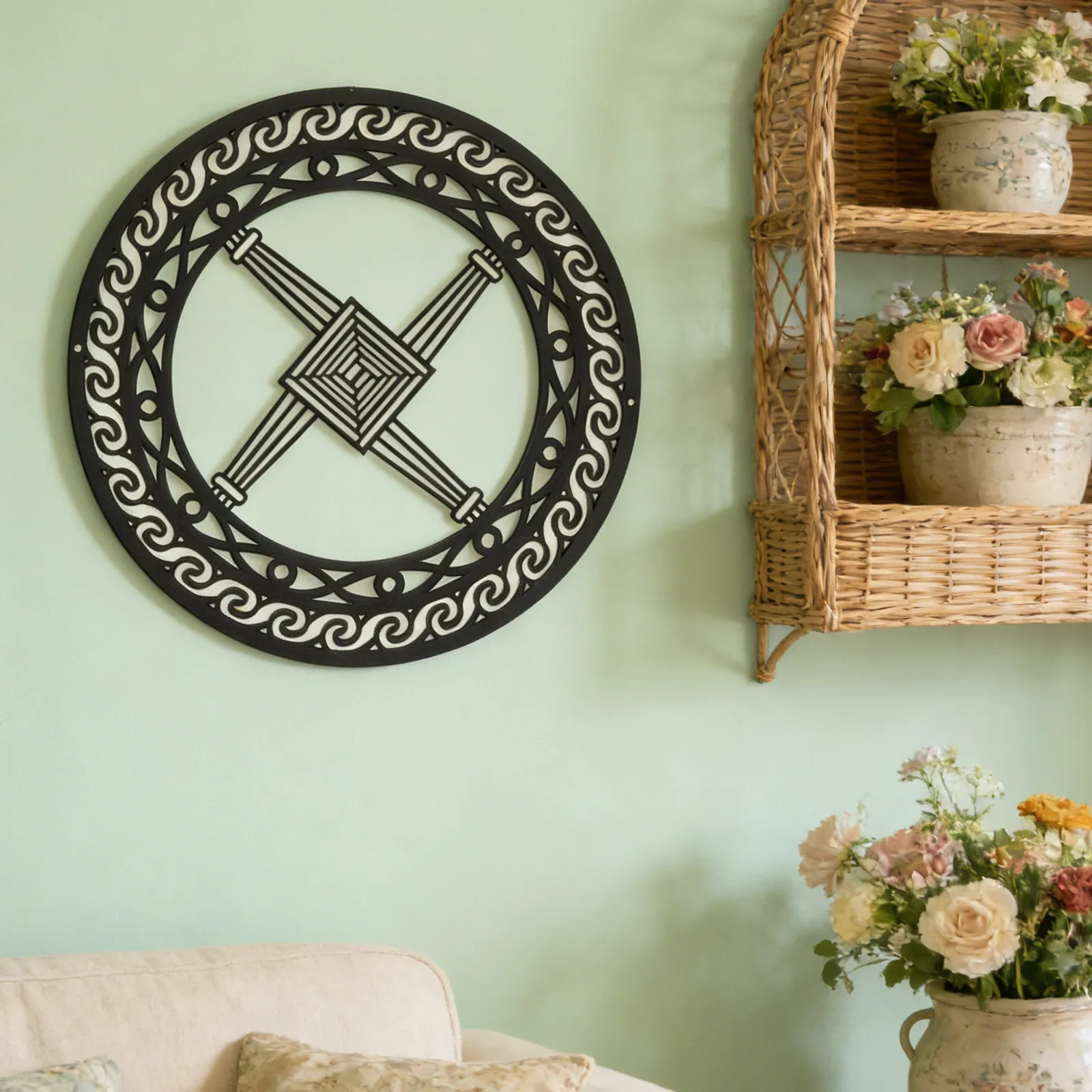 Wooden Irish Knot Wall Hanging Rustic Cross Round Sign Natural Wood Nordic Wall Art Spiritual Living Room Entryway Decor