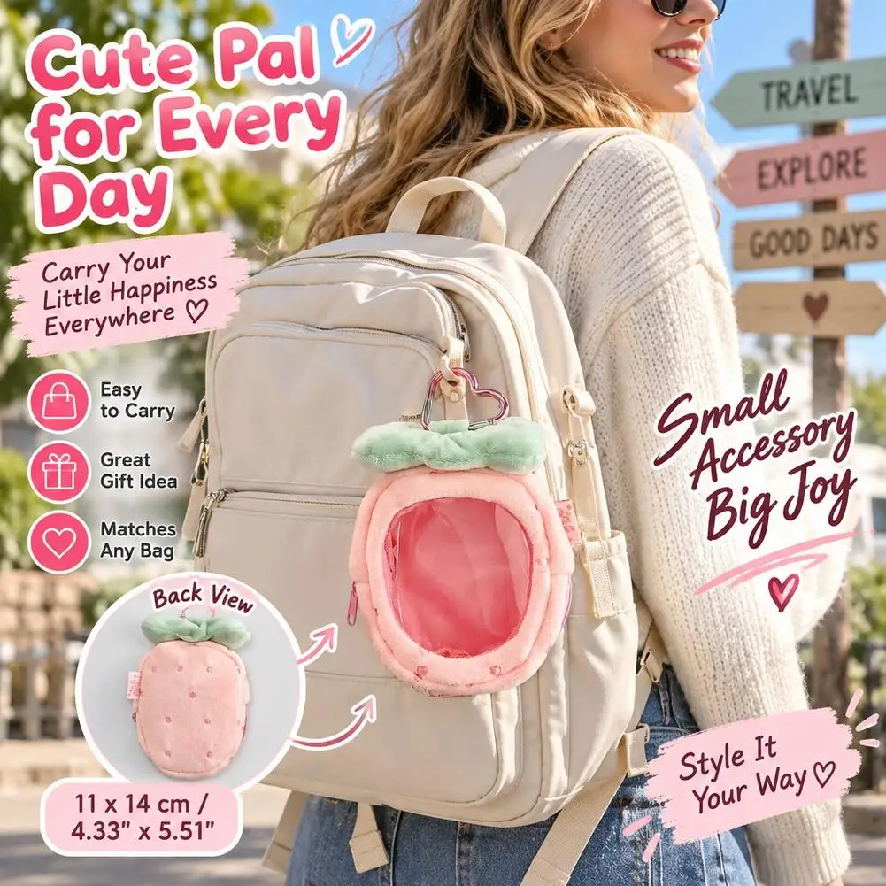 Plush Strawberry Display Pouch Clear Window Doll Organizer with Metal Heart Carabiner Hook Cute Fruit Shaped Ita Bag Accessory