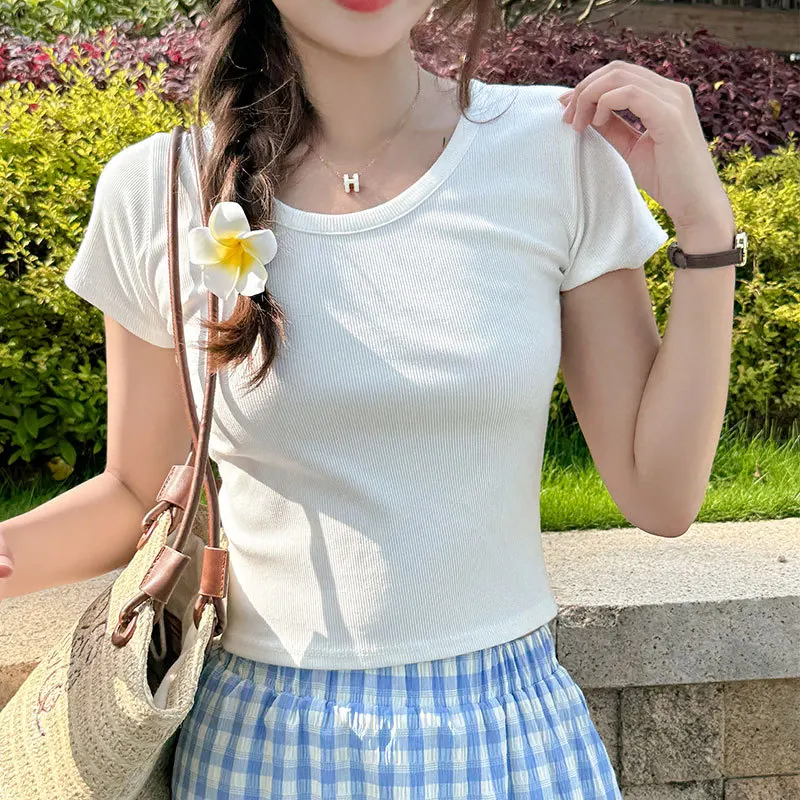 

Crew neck front shoulder short-sleeved T-shirt women's summer new solid color base with slim and thin navel short sweet and spic