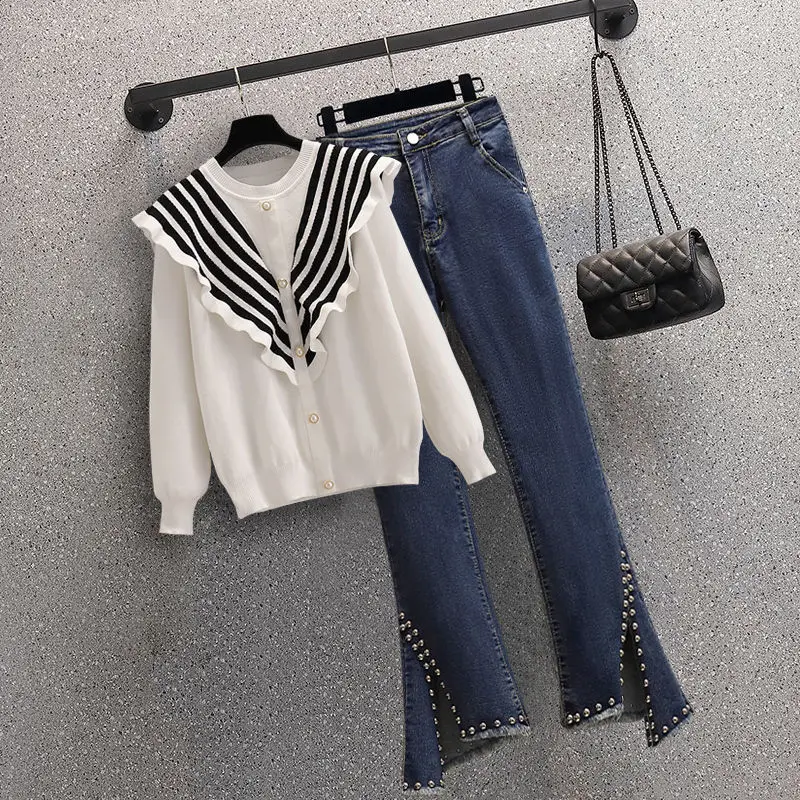 Autunno New Ruffle Navy Collar camicia in Chiffon a maniche lunghe pantaloni Casual a tromba Jeans Set a due pezzi pantaloni eleganti da donna