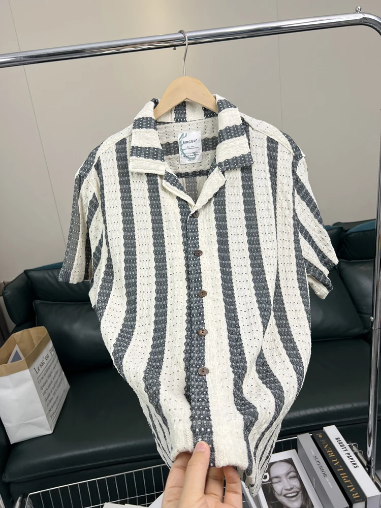 Retro Striped Loose Fit Short Sleeve Casual Shirt for Men Breathable Fashion Urban Style Summer Wear Daily Occasion