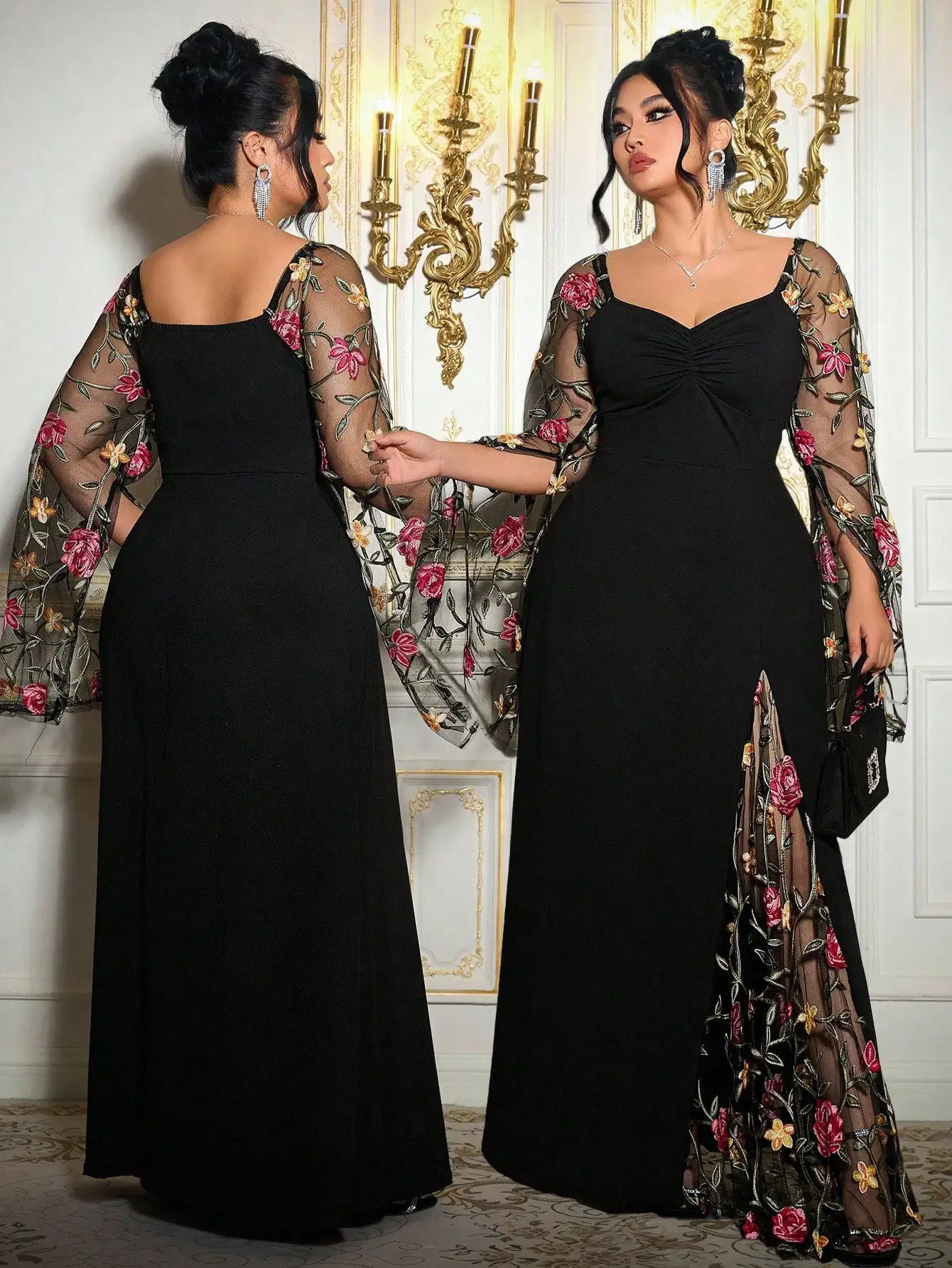 

Элегантное вечернее платье макси больших размеров с цветочной вышивкой и сетчатыми рукавами