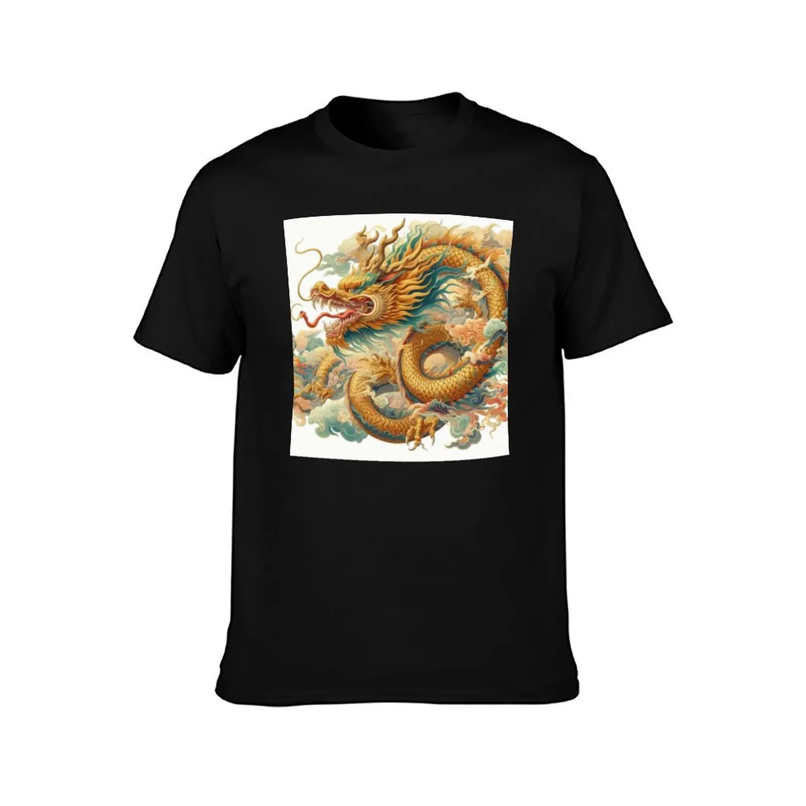 Sacred Golden Dragon T-Shirt, Summer Casual Cotton Tee, Oversized Streetwear Tops, Vintage Graphic Print, Loose Fit Short Sleeve