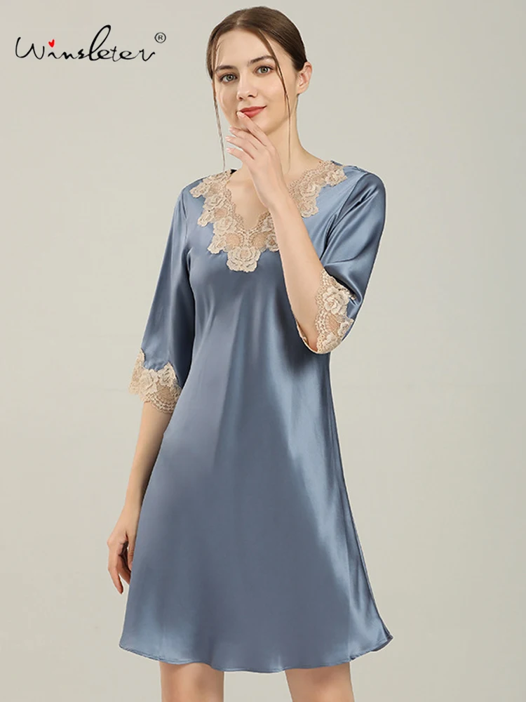 

Winsleter, 100%Real Silk Elegant Nightgown, Women Half Sleeve Lace Solid, Sexy Comfortable Pajamas Dress, Summer Autumn P49469CC