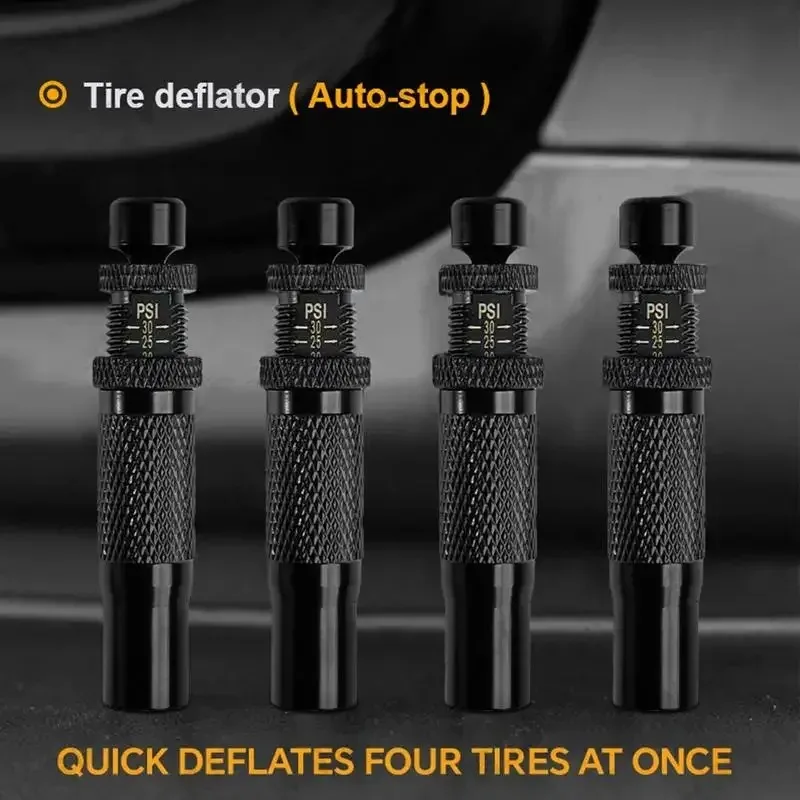 4pcs Adjustable Auto-Stop Tire Deflator Valve Kit (10-30 PSI)Adjustable Pressure Suitable For Offroad Vehicles Motorcycle Use