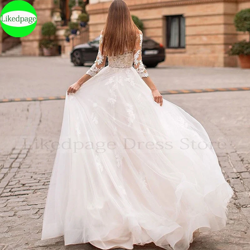 Elegantes vestidos de casamento Strapless A Line, Boat Neck, Apliques Lace, Vestido nupcial Boho com mangas, 2024