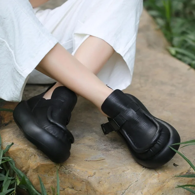 Genuine Leather Women's Casual Business Loafers Luxury Handmade Comfortable 2026 Autumn Round Toe Platform Wedge Shoes Woman