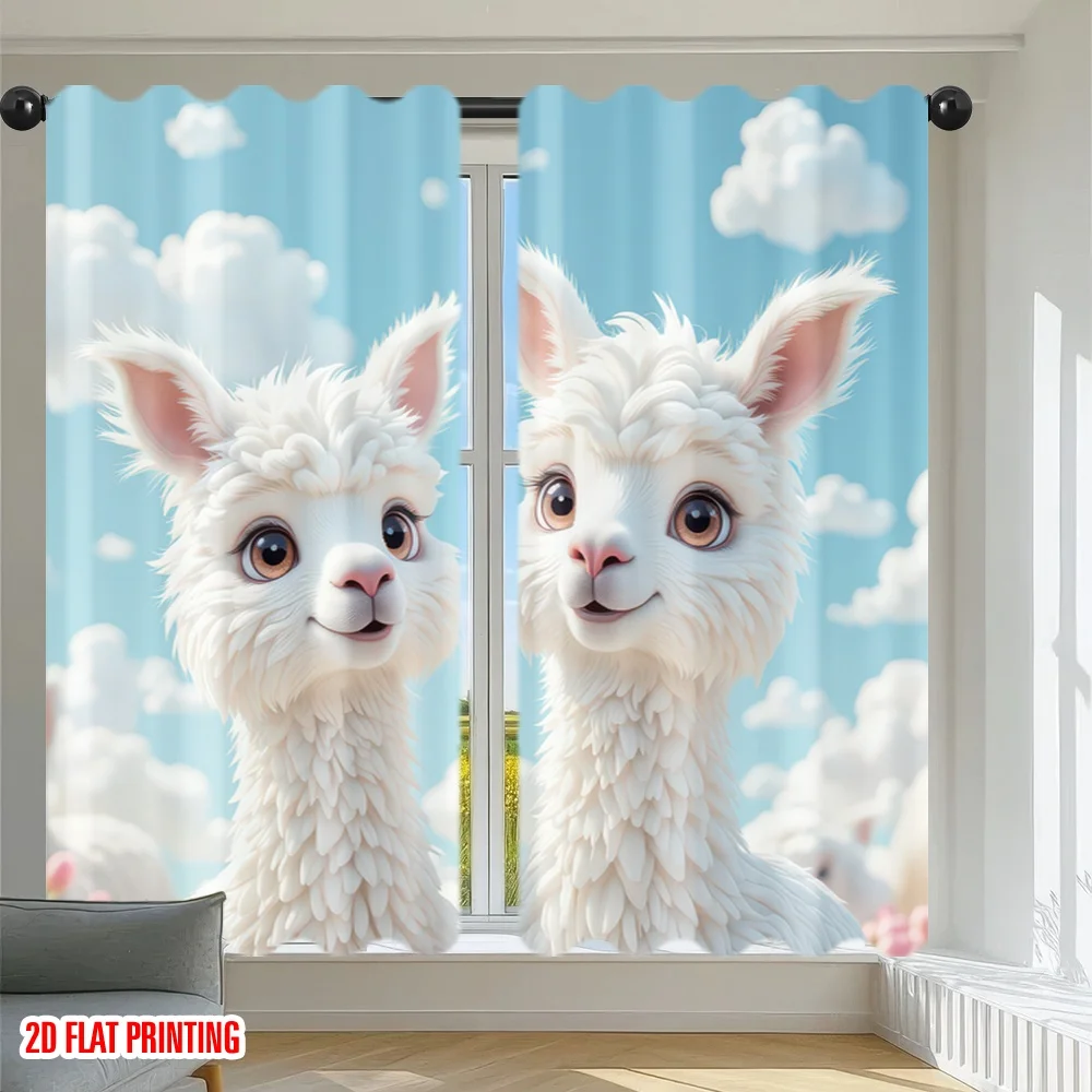 2D flat printing 2pcs Scene Curtains Cute Fluffy Alpacas Digital Printed Polyester Drapes Family Party Decoration Use for Indoor
